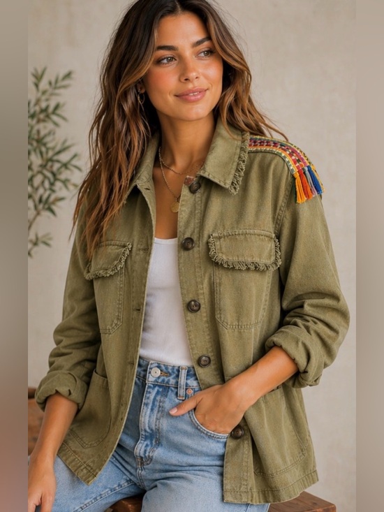Moon River Jackets & Blazers - Moon River Anthropologie Olive Embroidered Fringe Utility Jacket Boho Safari M